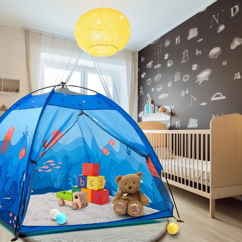 Vista 8 de Tienda de juegos submarina para niños, tienda de campaña plegable desplegable para interiores y exteriores, fiesta submarina, tienda de juguetes Azul