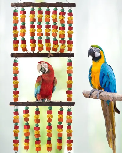 Vista 6 de DBNESS Juguetes de loro de pájaro extra grandes de 43 pulgadas, bloques de madera multicolor para masticar, juguete con bolas de ratán y perchas