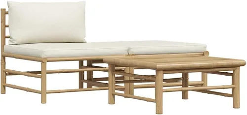 Vista 11 de vidaXL Juego de sala de patio de 3 piezas con elegantes cojines gris oscuro, muebles de exterior de bambú, sofá medio, reposapiés, mesa auxiliar