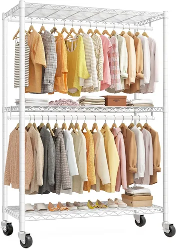 Vista 8 de Raybee Perchero de ropa de 45 pulgadas de ancho para colgar ropa, perchero con ruedas y pies ajustables, carga máxima de 440 libras, color negro