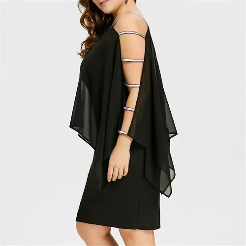 Vista 3 de NIUQI Vestido de noche de gasa de color sólido para mujer con lentejuelas y hombros descubiertos cuello redondo manga capa