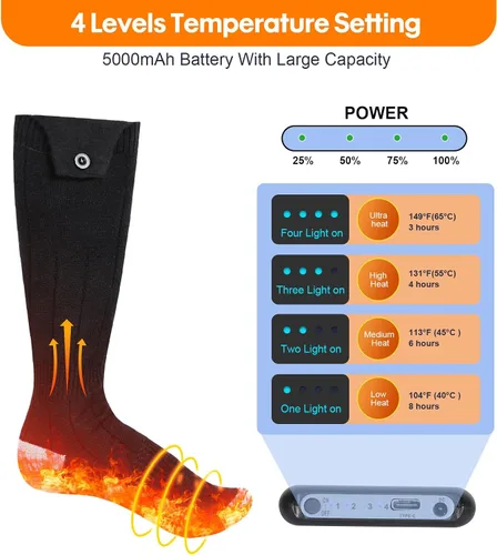 Vista 2 de Calcetines con calefacción, calcetines eléctricos calentados para hombres y mujeres, batería recargable, calientan hasta 8 horas, calcetines