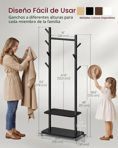 Vista 6 de VASAGLE Perchero independiente con 7 ganchos, 2 estantes, 4 ruedas giratorias extraíbles de 360°, ganchos de madera y poste, para entrada