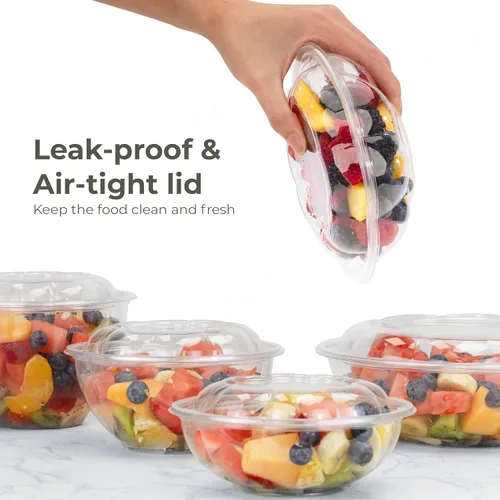 Vista 4 de Fit Meal Prep 50 unidades 18 onzas Tazones desechables de plástico transparente para ensalada con tapas herméticas - Para llevar para almuerzo