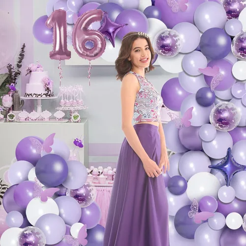 Vista 7 de PERPAOL Kit de guirnalda de globos morados de 150 piezas con calcomanías de mariposa, arco de globos de confeti morado metálico y macarrón blanco