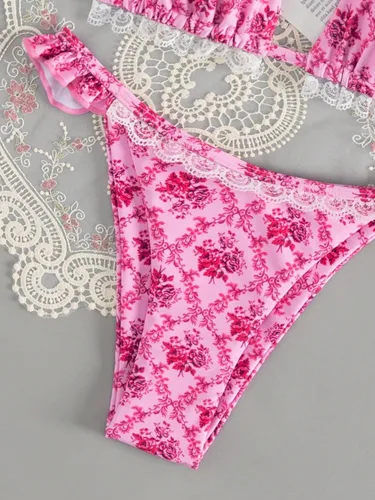 Vista 4 de MakeMeChic Conjunto de bikini de 2 piezas con estampado floral para mujer, con ribete de volantes, triángulo, corte alto, traje de baño