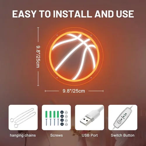 Vista 2 de Letrero de neón de baloncesto, 9.84 x 9.84 pulgadas, luz de neón LED de baloncesto, alimentado por USB con interruptor regulable, letrero LED