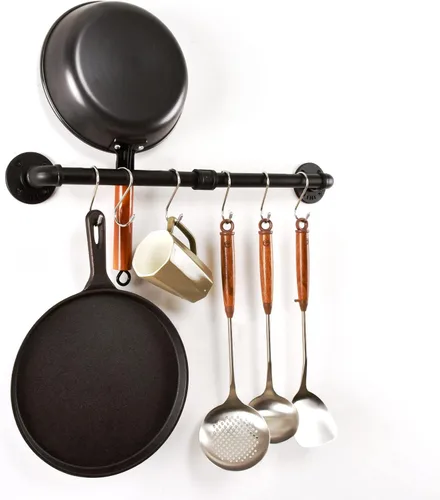 Vista 3 de Estante para ollas de tubería, soporte industrial para tapa de utensilios de cocina, organizador de cocina, barra colgante con ganchos en S