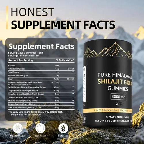 Vista 2 de Gomitas Shilajit del Himalaya de 3000 mg de oro para hombres y mujeres, orgánicas y naturales con más de 85 minerales esenciales y ácido fúlvico