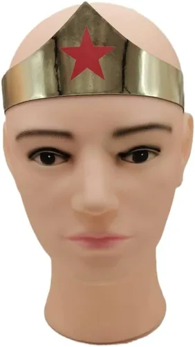 Vista 2 de Woman of Wonder Star Gold Tiara, Woman of Wonder Cosplay Cuffs and Tiara Crown Set Ajustable Size, Oro