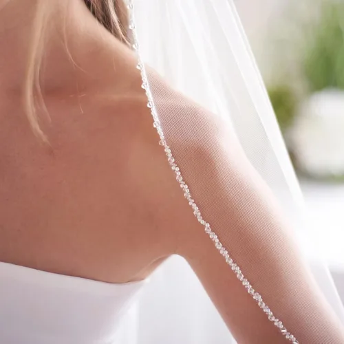 Vista 5 de 1 nivel perla de cristal con cuentas borde nupcial velo de boda longitud de la yema