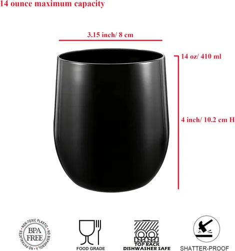 Vista 2 de Juego de 6 vasos de vino de plástico sin tallo de 14 onzas, vasos de acrílico multiusos, negros, reutilizables, resistentes a roturas, aptos