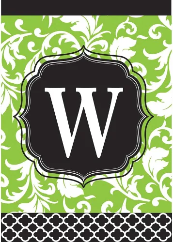 Vista 4 de Monogram E - Bandera de jardín rectangular con doble aplique de filigrana verde y negro, de 18 x 13 pulgadas Filigrana Verde E