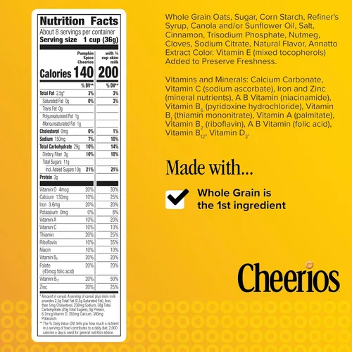 Vista 2 de Cheerios de calabaza y especias, cereales para el desayuno sin gluten, 10.8 onzas