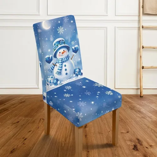 Vista 4 de HUGS IDEA Juego de 2 fundas para sillas de comedor con diseño de muñeco de nieve azul para silla Parsons, de elastano, lavables, antipolvo