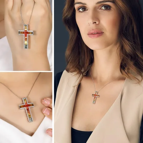 Vista 2 de RANDES Collar de plata de ley 925 con cruz grande para mujer, colgante de piedra de cristal colorido