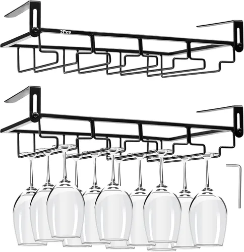 Vista 9 de AUHOKY Estante ajustable para copas de vino debajo del gabinete, soporte de metal para copas de vino de 4 filas, sin perforaciones, organizador