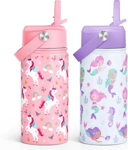 Vista 34 de SANDJEST Botella de Agua para Niños con Tapa de Pajita - 12 Oz Botella de Acero Inoxidable Aislada con Dibujo de Animales para Niños y Niñas - Taza