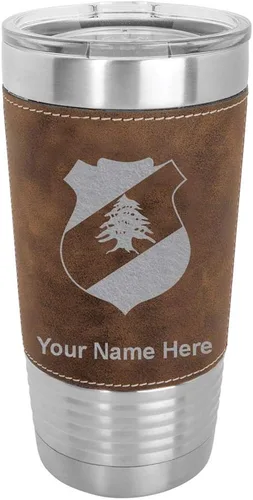 Vista 12 de LaserGram 20oz Vacuum Insulated Tumbler Mug, Coat of Arms Lebanon, Personalized Engraving Included (Faux Leather, Baseball Style)