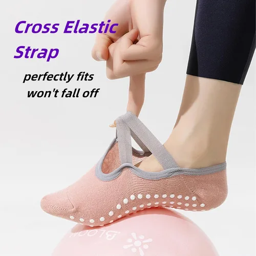 Vista 3 de Calcetines de pilates para mujer, calcetines de yoga con agarres, parte superior abierta, antideslizantes, para barras, ballet, entrenamiento