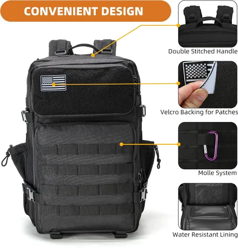 Vista 7 de gracedon Mochila Táctica Militar para Hombres y Mujeres, Mochila de Campamento del Ejército, Mochila de Asalto de 45L para Viajes, Senderismo (Negro)