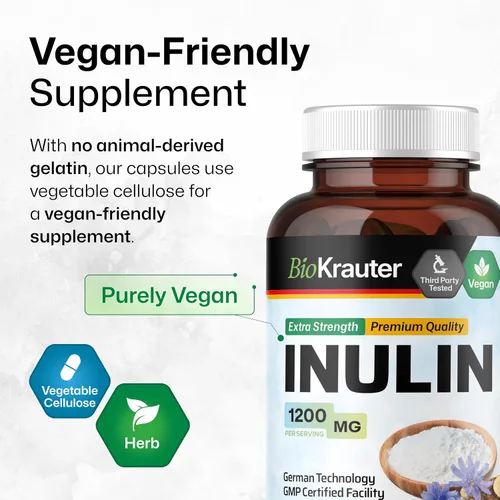 Vista 6 de BIO KRAUTER Polvo de inulina de raíz de achicoria en cápsulas de 1200 mg por porción, 100 unidades, fibra prebiótica de inulina vegana y pura
