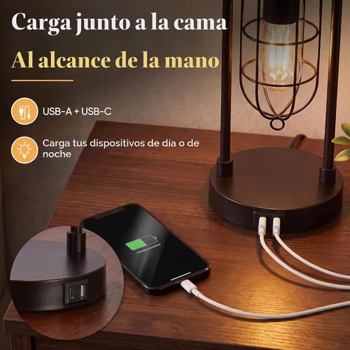 Vista 4 de Juego de 2 lámparas de mesa de granja con puertos USB y luz nocturna, lámpara moderna para mesita de noche para sala de estar y dormitorio