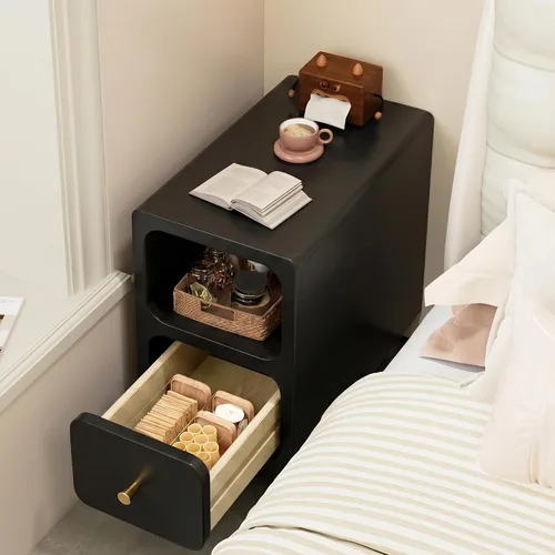 Vista 2 de Mesita de noche de madera maciza, mesita de noche estrecha con cajones, mesita de noche moderna negra de mediados de siglo, mesita de noche pequeña