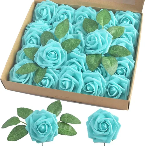 Vista 11 de homEdge Rosa Artificial, 25 piezas de flores artificiales de espuma con tallo para decoraciones del hogar, ramos de boda, fiesta, centros de mesa