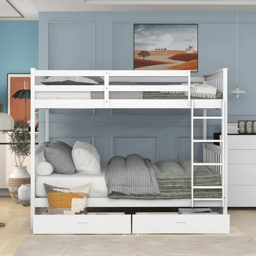 Vista 3 de Literas de tamaño matrimonial sobre matrimonial, marco de cama de madera, marco de cama de plataforma blanco completo, marco de cama de madera