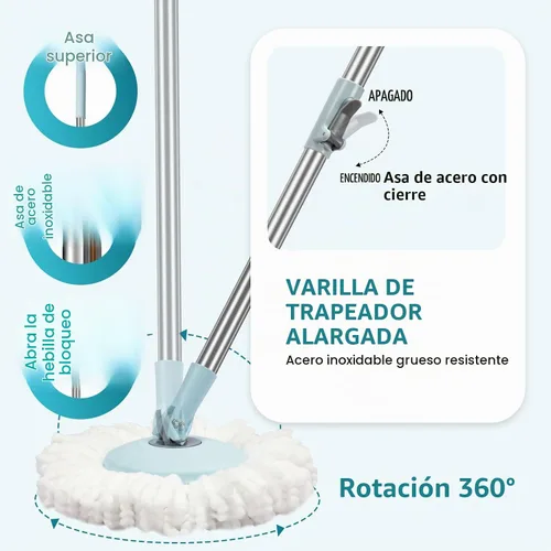 Vista 4 de Juego de trapeador giratorio y cubo con escurridor, juego de cubo giratorio operable de 360° con 3 cabezales de repuesto de microfibra, mango