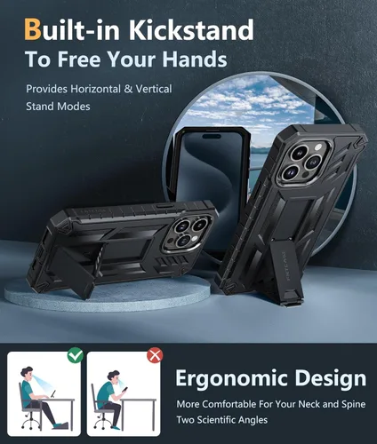 Vista 3 de FNTCASE Funda para iPhone 15-Pro-Max: Cubierta protectora resistente de grado militar a prueba de caídas para teléfono celular con soporte y Negro