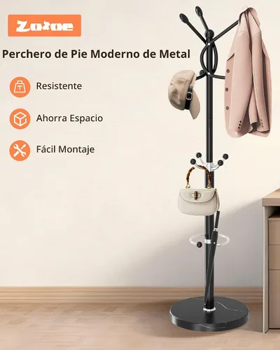 Vista 6 de ZOZOE Perchero de metal, moderno perchero independiente con base de mármol natural, perchero resistente con 10 ganchos y soporte para paraguas