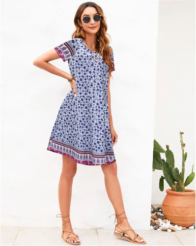 Vista 5 de Sherosa - Vestido de verano sin mangas o con manga corta, estampado floral, con bolsillos, casual, suelto, con vuelo, vestido estilo camiseta