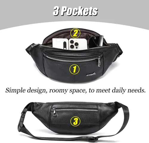 Vista 5 de Riñonera de cuero negro para hombres y mujeres, bolsa de cintura de cuero genuino con correa ajustable para caminar, senderismo, ciclismo, C805#Negro