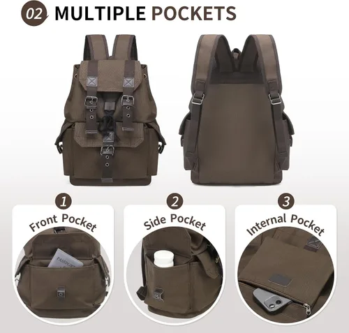 Vista 4 de Mochila de lona vintage para hombres y mujeres, mochila casual duradera, mochila de viaje adecuada para senderismo y uso diario, Café, Classic