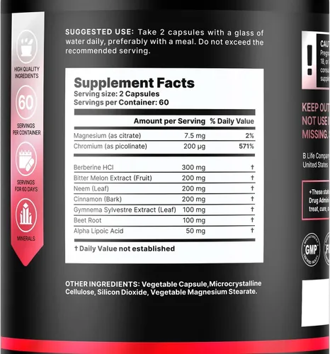 Vista 2 de B Life Company Suplemento de berberina 300 mg - Metabolismo del suplemento del complejo de berberina - 120 cápsulas vegetales (60 porciones)