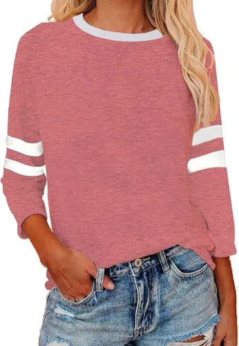 Vista 18 de Camisas de manga 3/4 para mujer, camisetas de verano con cuello redondo, camisetas básicas sueltas de mezcla de algodón para mujer