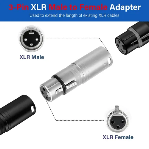 Vista 3 de Adaptador de micrófono XLR 2 unidades, 3 pines XLR macho a hembra, convertidor de conector de extensión de audio para altavoz, mezcladores,