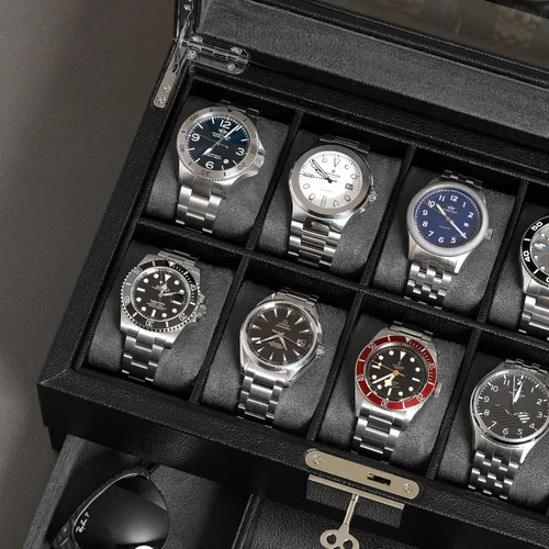 Vista 6 de ROTHWELL Caja de reloj de 10 ranuras en cuero con cajón de valet organizador de exhibición de lujo con forro de microgamuza ultrasuave soporte