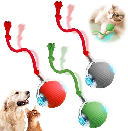 Vista 8 de Juguetes inteligentes para gatos de interior para adultos - Bolas rodantes interactivas con cordón imitación de ratón (Rojo)