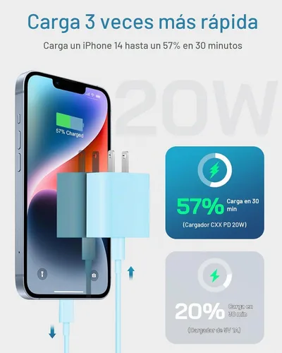 Vista 2 de CXX 20W Fast Charger for iPhone 14/13/12 [3-Pack, MFi Certified] Blue