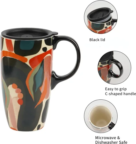 Vista 9 de Topadorn Taza de Café de Cerámica Taza de Viaje Regalo con Tapa 17oz., Taza de Té Alta de Porcelana con Asa para Casa y Oficina, Taza