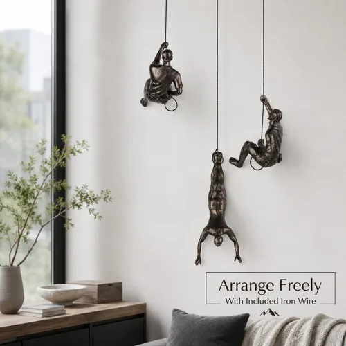 Vista 3 de Gran conjunto de 3 esculturas de pared de hombres escalando Arte decorativo de pared nórdica de simplicidad moderna, esculturas de hombre escalador
