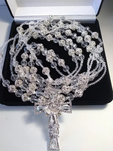 Vista 3 de Lazo de boda para boda de Cristal fino Combinado con bola de rhigestone de 0.630 in con Cristal Lasso Color Plata sin imagenes y Cruz católica.