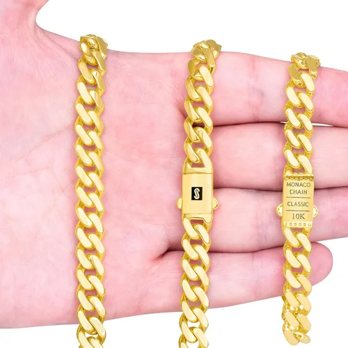 Vista 4 de Nuragold 10k Oro Amarillo Real Royal Monaco 9mm Pulsera de Eslabones Cubanos de Miami (6"-9") Joyería Italiana para Hombres y Mujeres