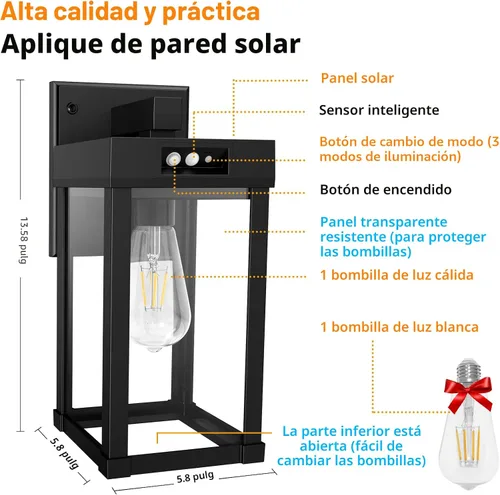 Vista 5 de Lámparas solares de pared para exteriores, 3 modos de iluminación y sensor de movimiento, luz solar para porche, 2 bombillas, aplique resistente al