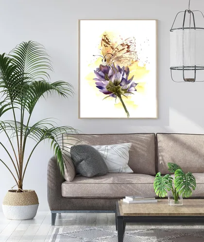 Vista 5 de Impresión artística de pintura de acuarela de mariposa y flor, decoración de pared vibrante púrpura y amarillo, obra de arte polinizador, carteles e