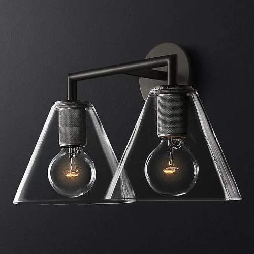 Vista 6 de Lámpara de pared industrial vintage para tocador con embudo de vidrio transparente, lámpara retro de metal montado en la pared E27, accesorios