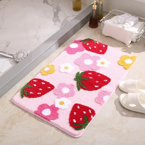 Vista 10 de Tapete de baño suave y acogedor con diseño de fresa, antideslizante, lavable, tapete lanudo para dormitorio, tapete absorbente de flores, tapete